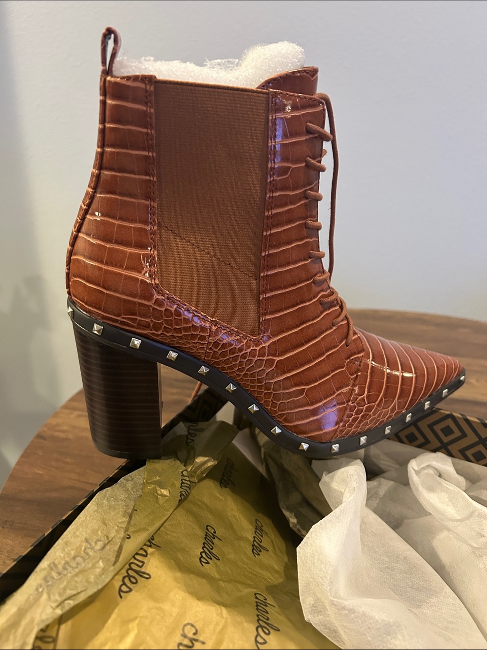 Charles David Brown Croc-Embossed Lace-Up Ankle Boots with Stud Trim